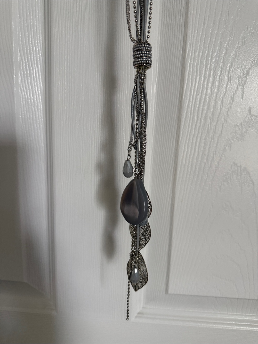 Long Silver Tassel Necklace with Gray Teardrop Accent